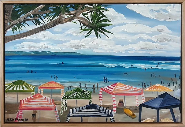 Colourful shade tents along Noosa Main Beach overlooking a calm sea with Noosa Northshore in the distance