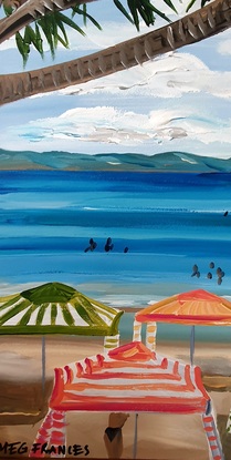 Colourful shade tents along Noosa Main Beach overlooking a calm sea with Noosa Northshore in the distance