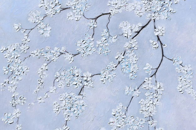 A textured painting of branches of white blossom flowers on a soft grey background.