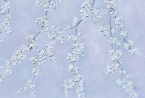 A textured painting of branches of white blossom flowers on a soft grey background.