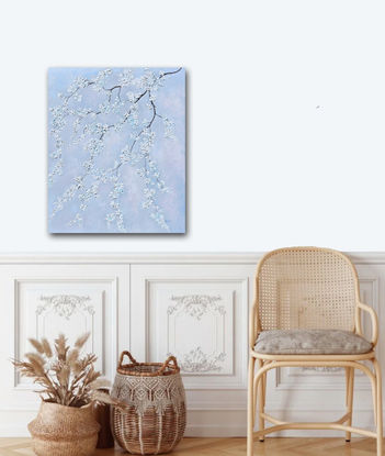 A textured painting of branches of white blossom flowers on a soft grey background.