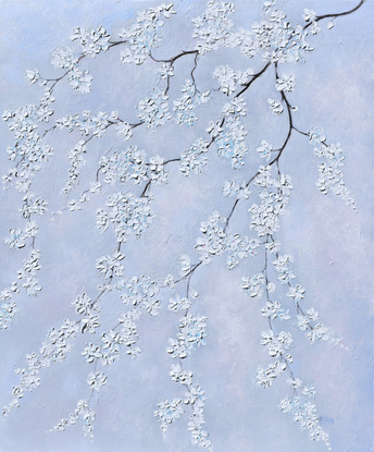 A textured painting of branches of white blossom flowers on a soft grey background.