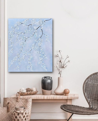 A textured painting of branches of white blossom flowers on a soft grey background.