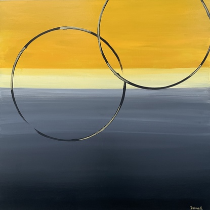 Abstract geometric painting. Minimalistic circles. Yellow, black, grey and gold colours. Square canvas.