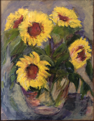 this painting shows bright yellow sunflowers and leaves in a vase