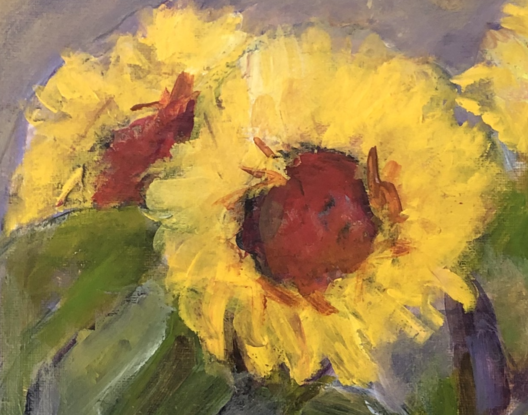 this painting shows bright yellow sunflowers and leaves in a vase