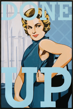 Mid century style woman is in the foreground of the vertical piece, with her figure cropped at her hips. In a dark blue dress with her hand raised fastening her side zip. The background features a white curtain and blue patterned diamond wallpaper. An overlay of pale blue text reads "DONE UP" in block type.