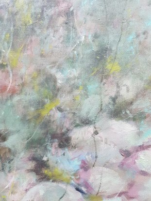 Medium sized impressionistic landscape painting of Australian bush by Victoria Collins in pastel tones blush, olive green, teal, sky blue. 