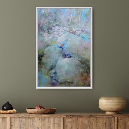 Medium sized impressionistic landscape painting of Australian bush by Victoria Collins in pastel tones blush, olive green, teal, sky blue. 