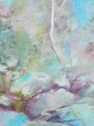 Medium sized impressionistic landscape painting of Australian bush by Victoria Collins in pastel tones blush, olive green, teal, sky blue. 