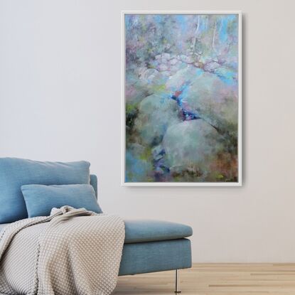 Medium sized impressionistic landscape painting of Australian bush by Victoria Collins in pastel tones blush, olive green, teal, sky blue. 