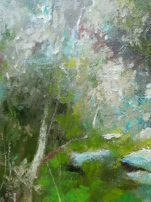 Small impressionist painting of little waterfall in green gully by Australian artist Victoria Collins.