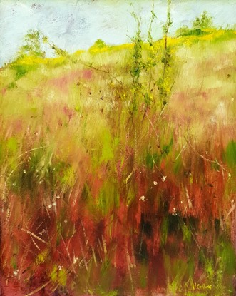 Small abstract impressionist landscape of grassy hill with maroon grasses and earthy tones, by Australian artist Victoria Collins.