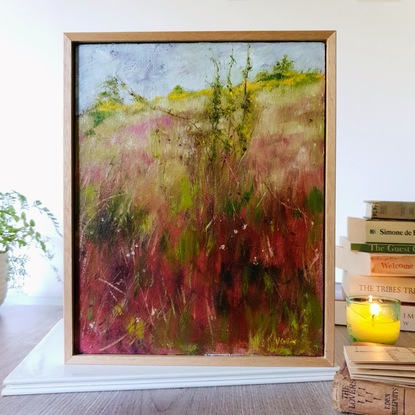 Small abstract impressionist landscape of grassy hill with maroon grasses and earthy tones, by Australian artist Victoria Collins.