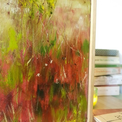 Small abstract impressionist landscape of grassy hill with maroon grasses and earthy tones, by Australian artist Victoria Collins.