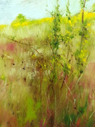 Small abstract impressionist landscape of grassy hill with maroon grasses and earthy tones, by Australian artist Victoria Collins.