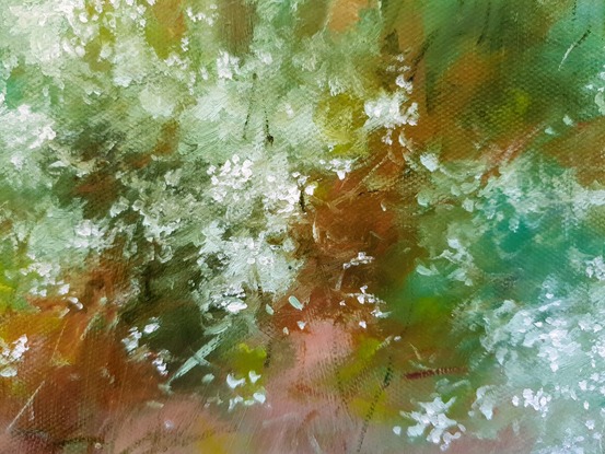 Small abstract impressionist landscape of Australian bush in earthy tones of olive and ochre, Victoria Collins.