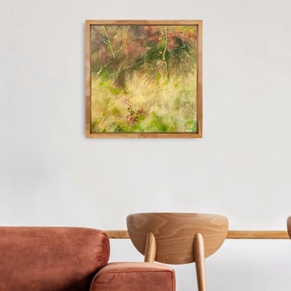 Small square impressionist tree painting with Autumn tones of berry, ochre and beige with light green highlights. By Australian artist Victoria Collins.