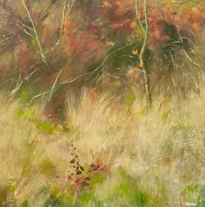 Small square impressionist tree painting with Autumn tones of berry, ochre and beige with light green highlights. By Australian artist Victoria Collins.