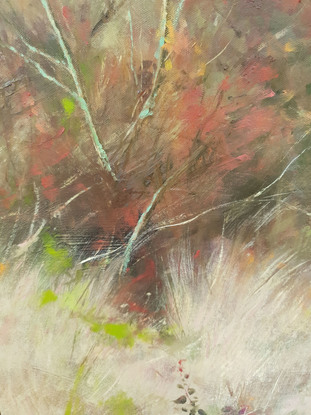 Small square impressionist tree painting with Autumn tones of berry, ochre and beige with light green highlights. By Australian artist Victoria Collins.