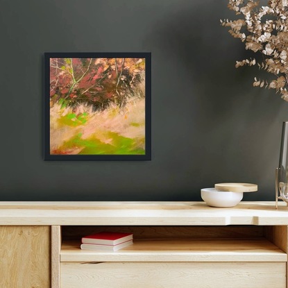 Small square impressionist tree painting with Autumn tones of berry, ochre and beige with light green highlights. By Australian artist Victoria Collins.