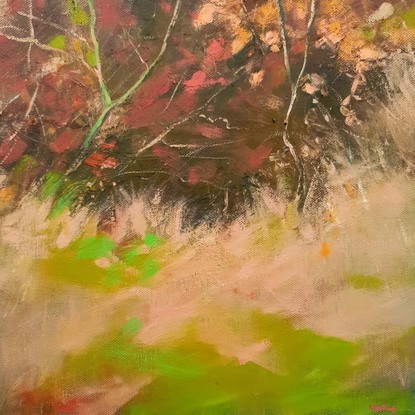 Small square impressionist tree painting with Autumn tones of berry, ochre and beige with light green highlights. By Australian artist Victoria Collins.