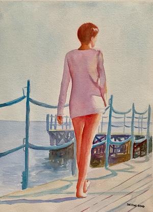 Woman walks to the dockside.