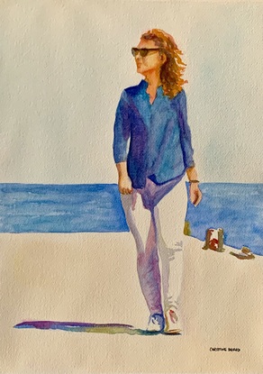 Woman walks to the dockside.