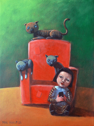 Girl with mobile phone and cats on the red chair