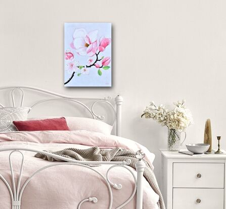 Thick textured oil painting of a branch of pink magnolia flowers on a soft grey background