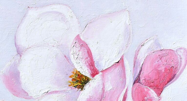 Thick textured oil painting of a branch of pink magnolia flowers on a soft grey background