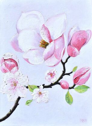 Thick textured oil painting of a branch of pink magnolia flowers on a soft grey background