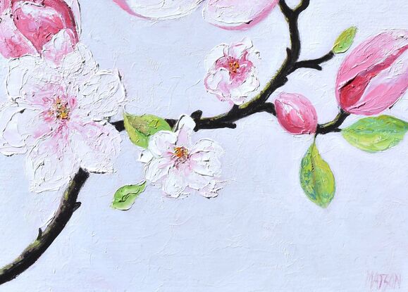 Thick textured oil painting of a branch of pink magnolia flowers on a soft grey background