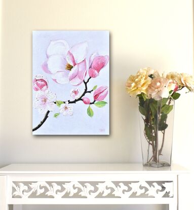 Thick textured oil painting of a branch of pink magnolia flowers on a soft grey background