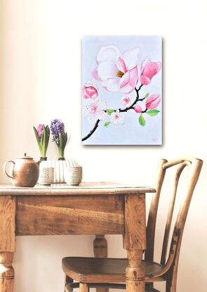 Thick textured oil painting of a branch of pink magnolia flowers on a soft grey background