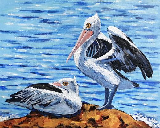 "Let's Go Fishing" – Australian Pelicans at the beach, Australian beach  painting by Irina Redine. Framed and ready to hang original artwork.