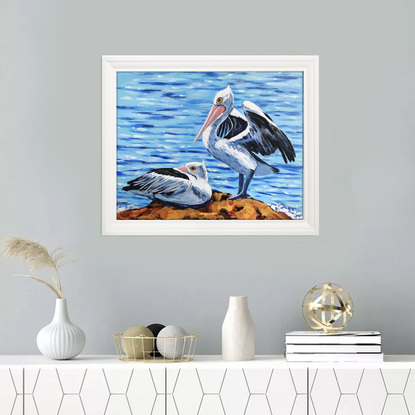 "Let's Go Fishing" – Australian Pelicans at the beach, Australian beach  painting by Irina Redine. Framed and ready to hang original artwork.