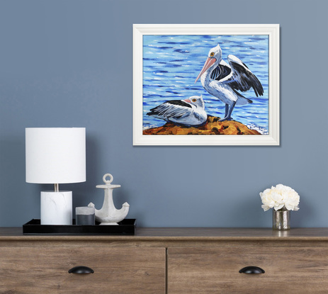 "Let's Go Fishing" – Australian Pelicans at the beach, Australian beach  painting by Irina Redine. Framed and ready to hang original artwork.