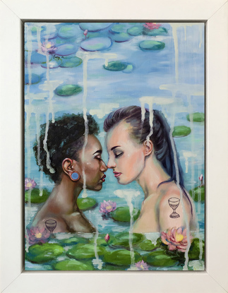 two women in a water lily pond, one black woman and one white woman together in a water lily pond.