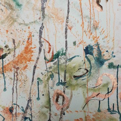 An abstract of sand dunes in ochre, greens, moss green, terracotta, cream, grey and white with copper leaf.  