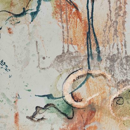 An abstract of sand dunes in ochre, greens, moss green, terracotta, cream, grey and white with copper leaf.  