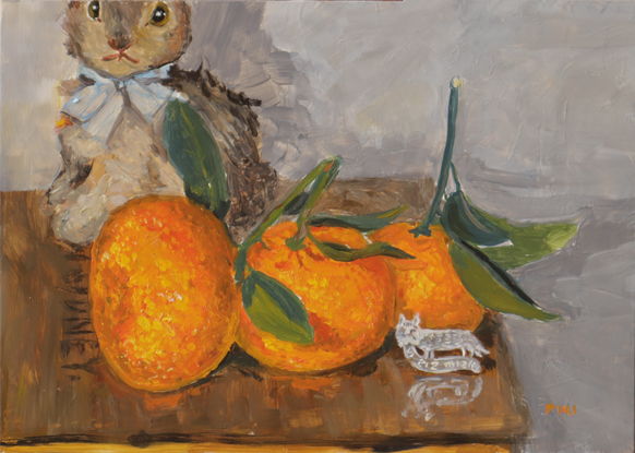 Impressionistic painting of a grey bunny on a Fry's Homeopathic Cocoa wooden box. In front of them sits 3 beautiful mandarin oranges, with stems and leaves, and a silver medieval replica pin  which is of a cat with a mouse in its mouth, it reads "vi sis mis" - I have the mouse.