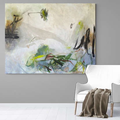 bold marks in warm earthy beige, ochre and  green across the canvas suggestive of landscape of valleys and open spaces made from large expressive painterly marks