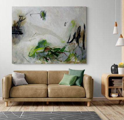 bold marks in warm earthy beige, ochre and  green across the canvas suggestive of landscape of valleys and open spaces made from large expressive painterly marks