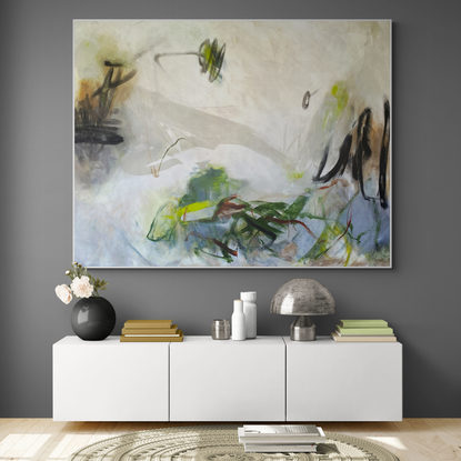 bold marks in warm earthy beige, ochre and  green across the canvas suggestive of landscape of valleys and open spaces made from large expressive painterly marks