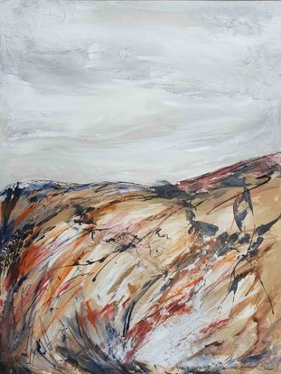 A large abstract landscape of the mountains in mixed media.