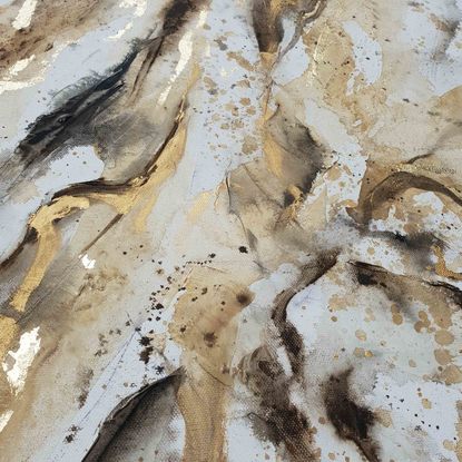 A large painting of marble with metallic gold, brown, earth tones and white