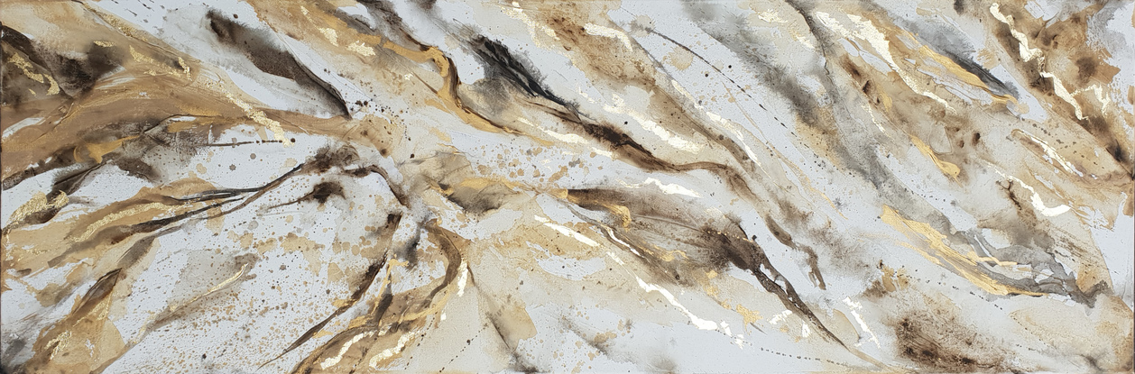 A large painting of marble with metallic gold, brown, earth tones and white