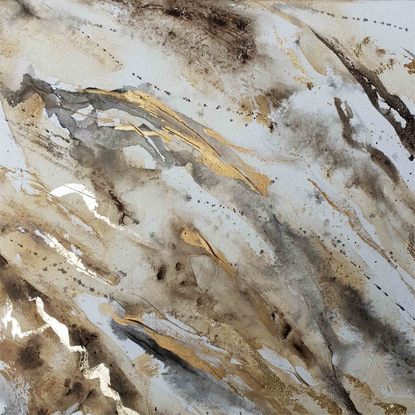 A large painting of marble with metallic gold, brown, earth tones and white