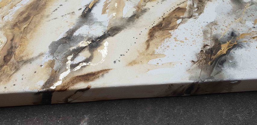 A large painting of marble with metallic gold, brown, earth tones and white